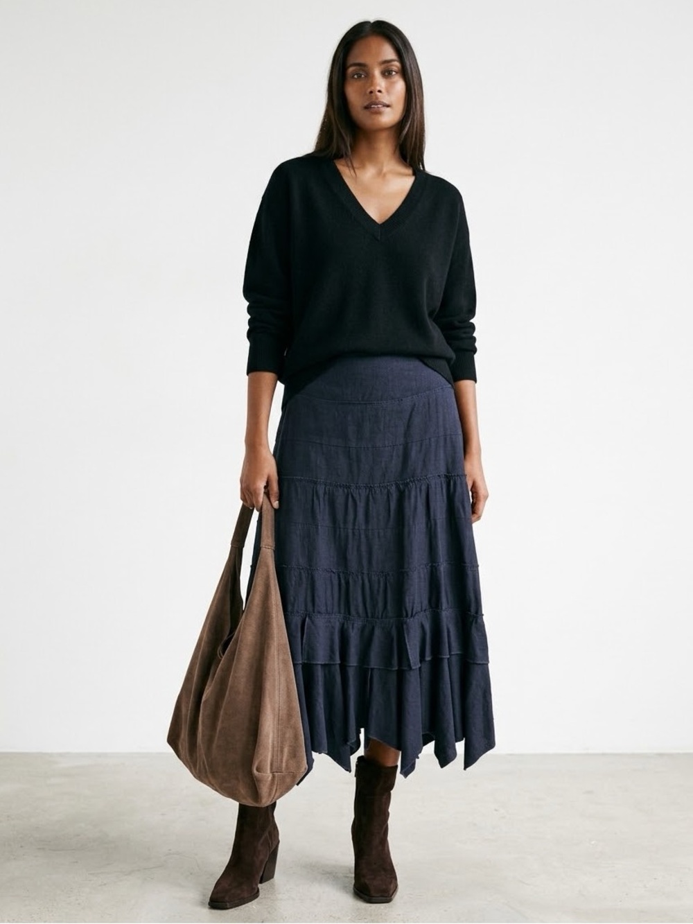 Tiered Linen Midi Skirt Size 14 Navy Blue Handkerchief Asymmetrical Hem Witchy